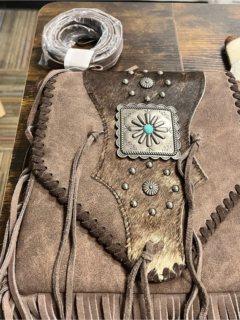 Trinity Ranch Coffee Fringed Suede Crossbody Bag with Turquoise Accent - Brown